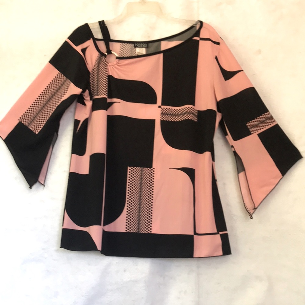 LOLLOL USA 2XL Pink Black Geometric Print Blouse Silver Ring Asymmetrical Neck